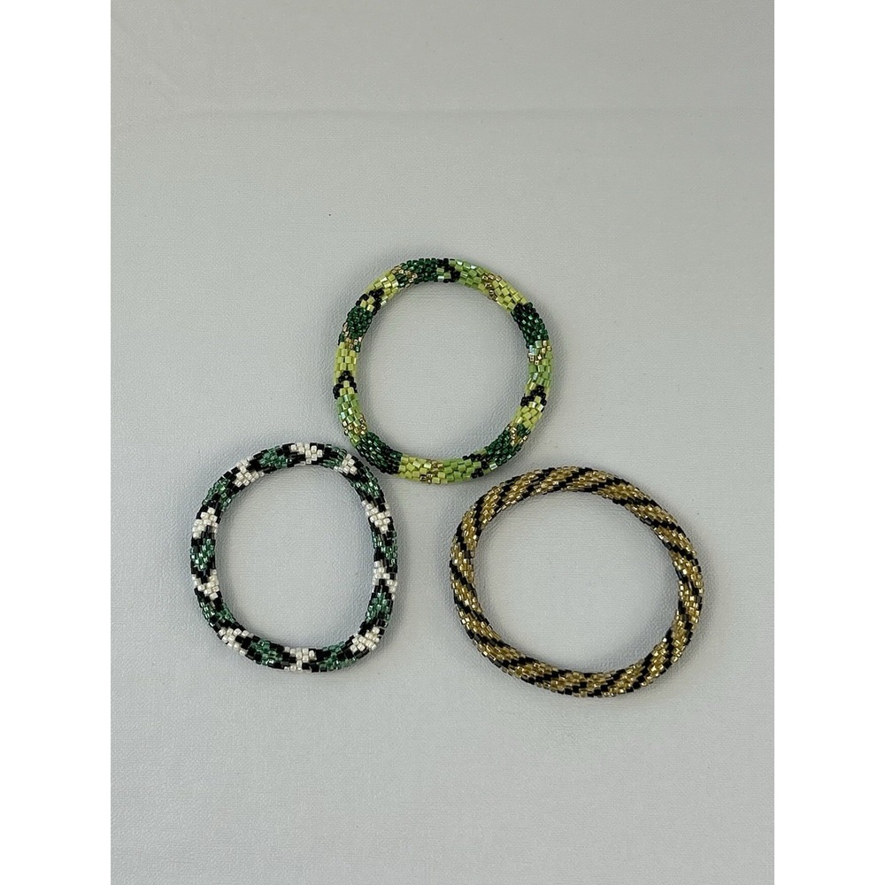 Handmade Seed Bead Stretch Bracelets Set Green Gold Boho Stack